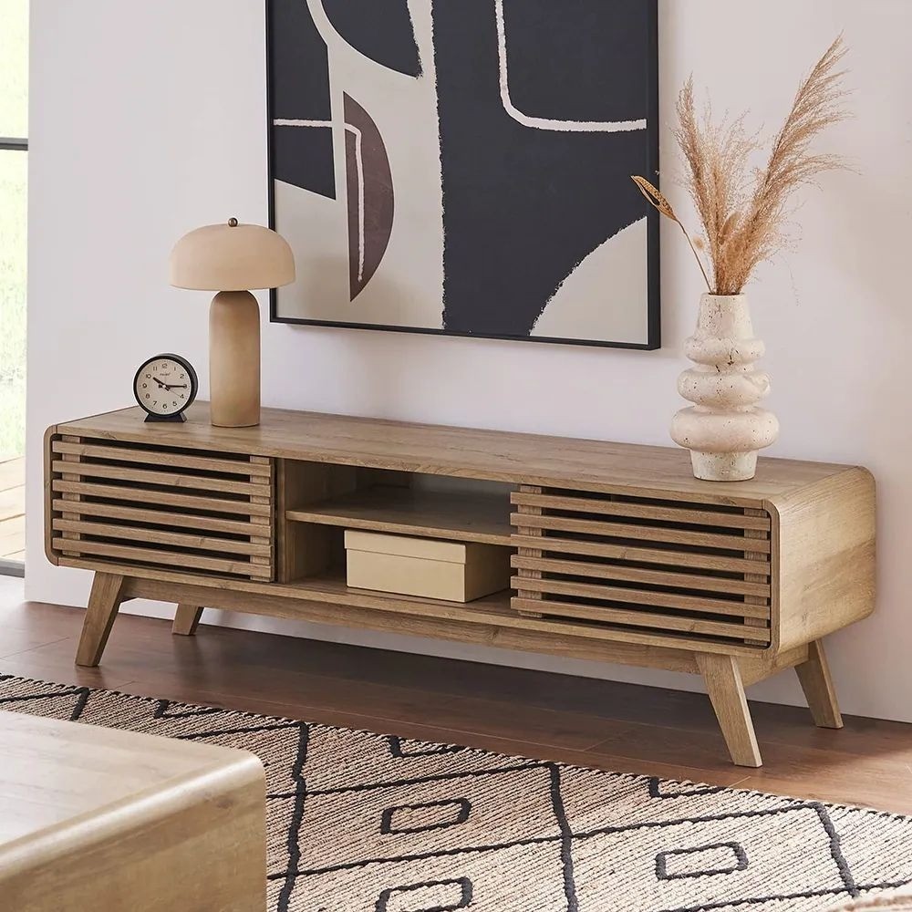 59in Oak Finished TV Stand with Slatted Doors Mid Century Modern gallery