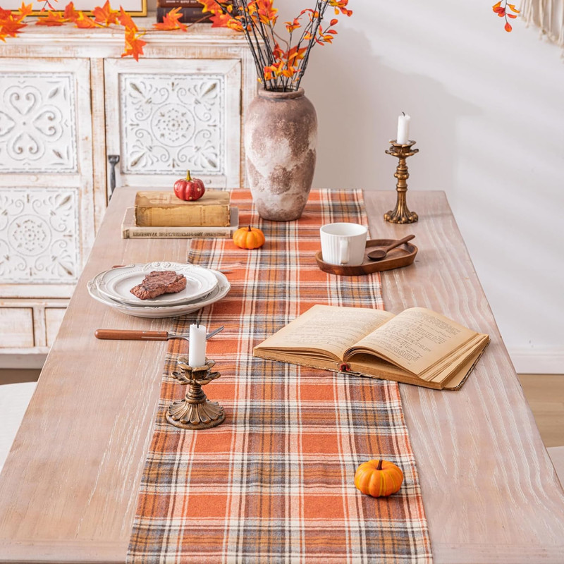 Plaid Fall Thanksgiving Table Runner, Autumn Holiday Rust Orange Table Runners 7 gallery