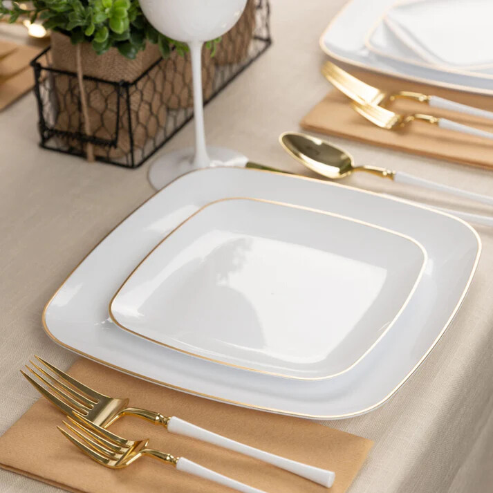 White &Gold Plastic Square Dinner Tableware Set Wedding Party Dinner Package gallery
