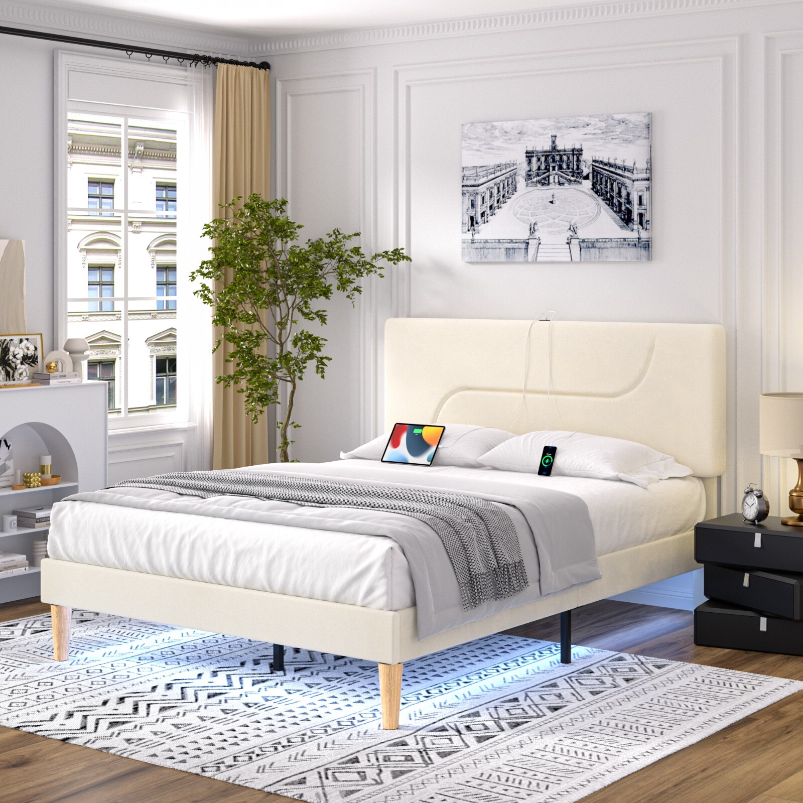 LED Light Twin Full Queen Size Bed Frame Charging Station Headboard Platform gallery