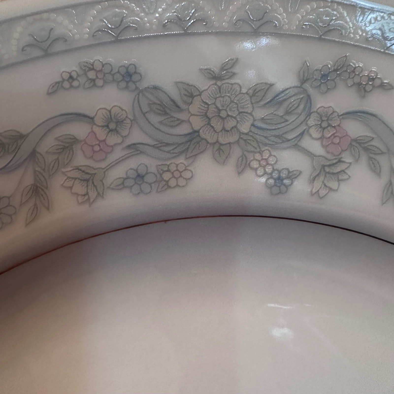 Excel Somerset Dinner Plate 10.75" White Floral Blue Pink Ribbon Excellent gallery
