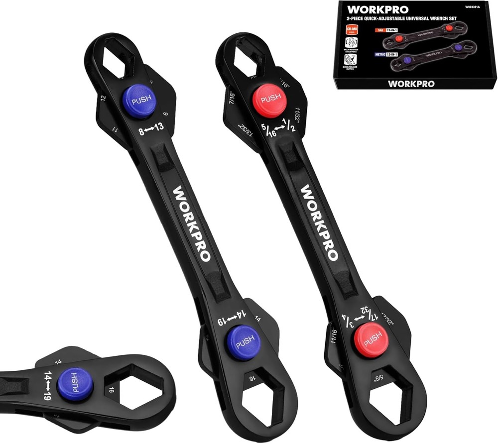 WORKPRO 2PC 12-in-1 Universal Adjustable Wrench Set 8-19mm Metric 5/16"-3/4" SAE
