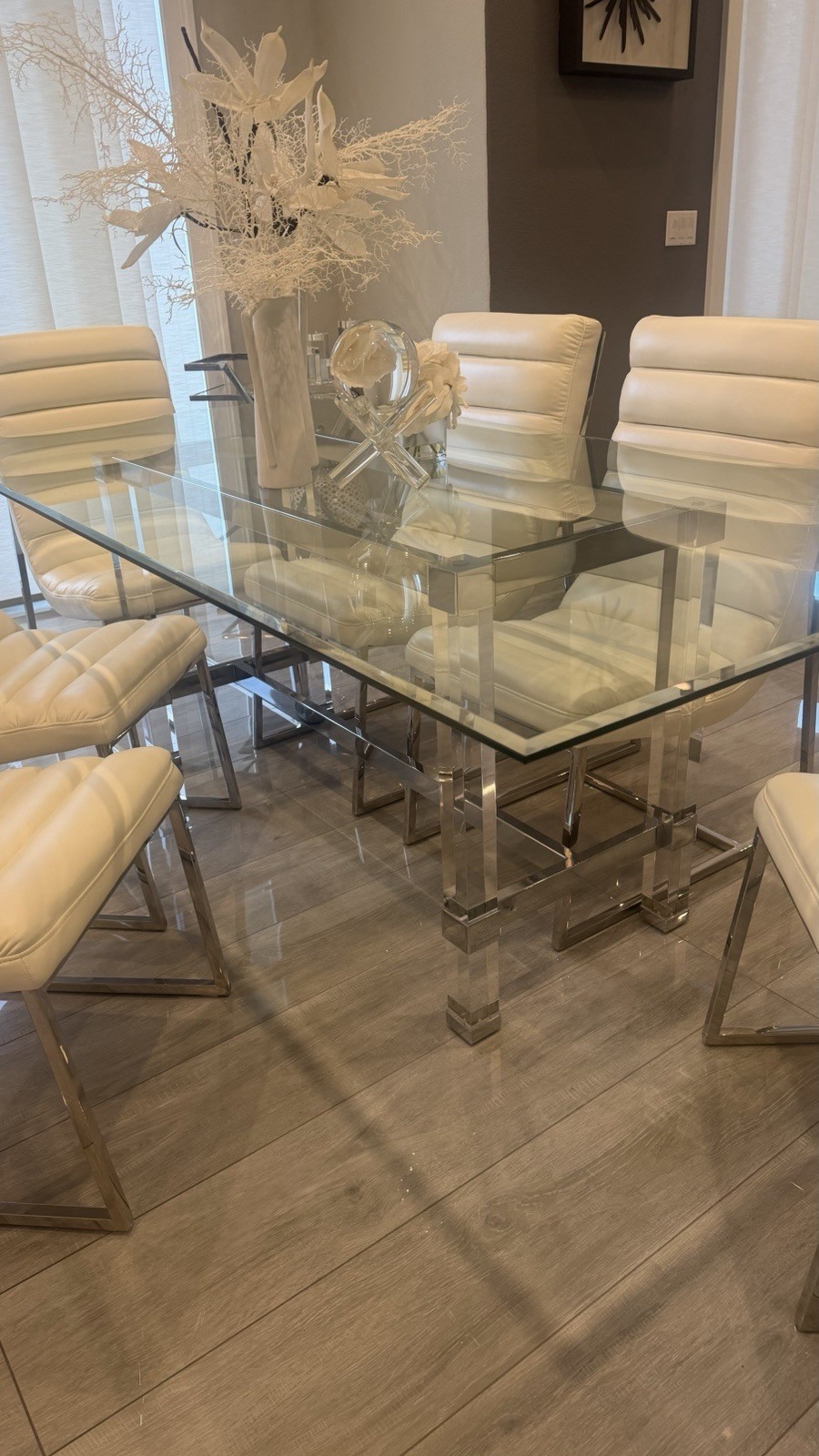 Dining room Table Glass and Acrylic With 6 Chairs and Two Barstools gallery