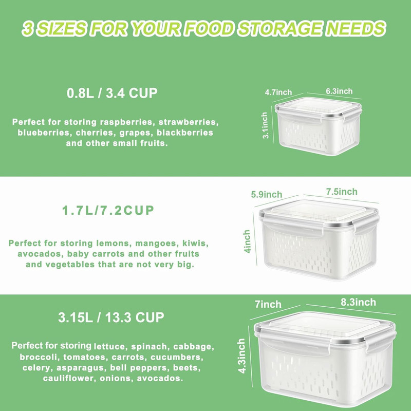 3 Pack Fruit Storage Containers for Fridge, Produce Saver Vegetable Container wi gallery