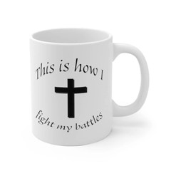 White Ceramic Mug “Battles” in 11 oz or 15 oz