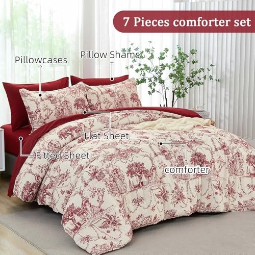 Comforter Set Queen 7 Piece Bed in a Bag Toile de Jouy Queen(90"x 90") Red gallery