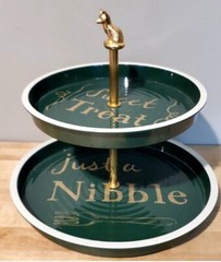 Tiered Stand Green Gold Script Tray 9.5 Fox Finial Dessert Serve Ware Cupcakes