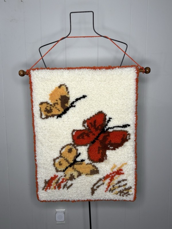Vintage Retro Butterfly Latch Hook Wall Hanging Rug 1970s Orange Boho Hippie 27” gallery