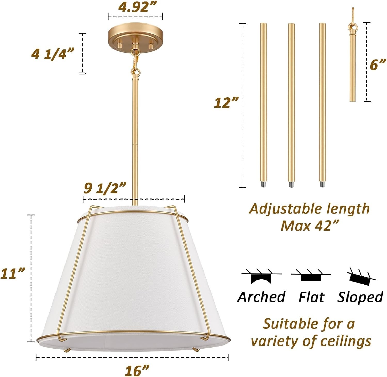 Cone Pendant Light Fixture with Metal Lantern Fabric Drum Shade Gold Chandelier gallery