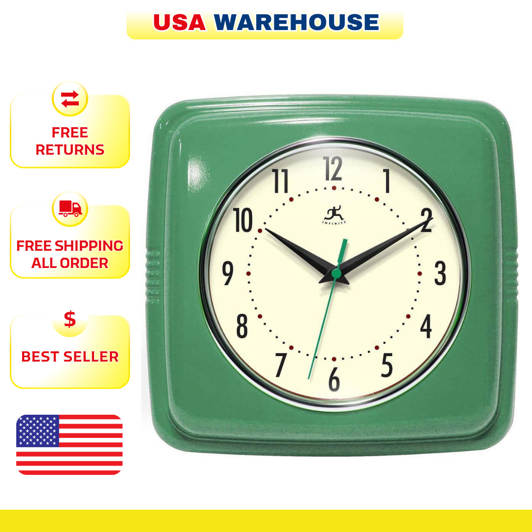 Square Silent Retro Wall Clock 9-Inch Mid Century Modern Kitchen Clock with gallery