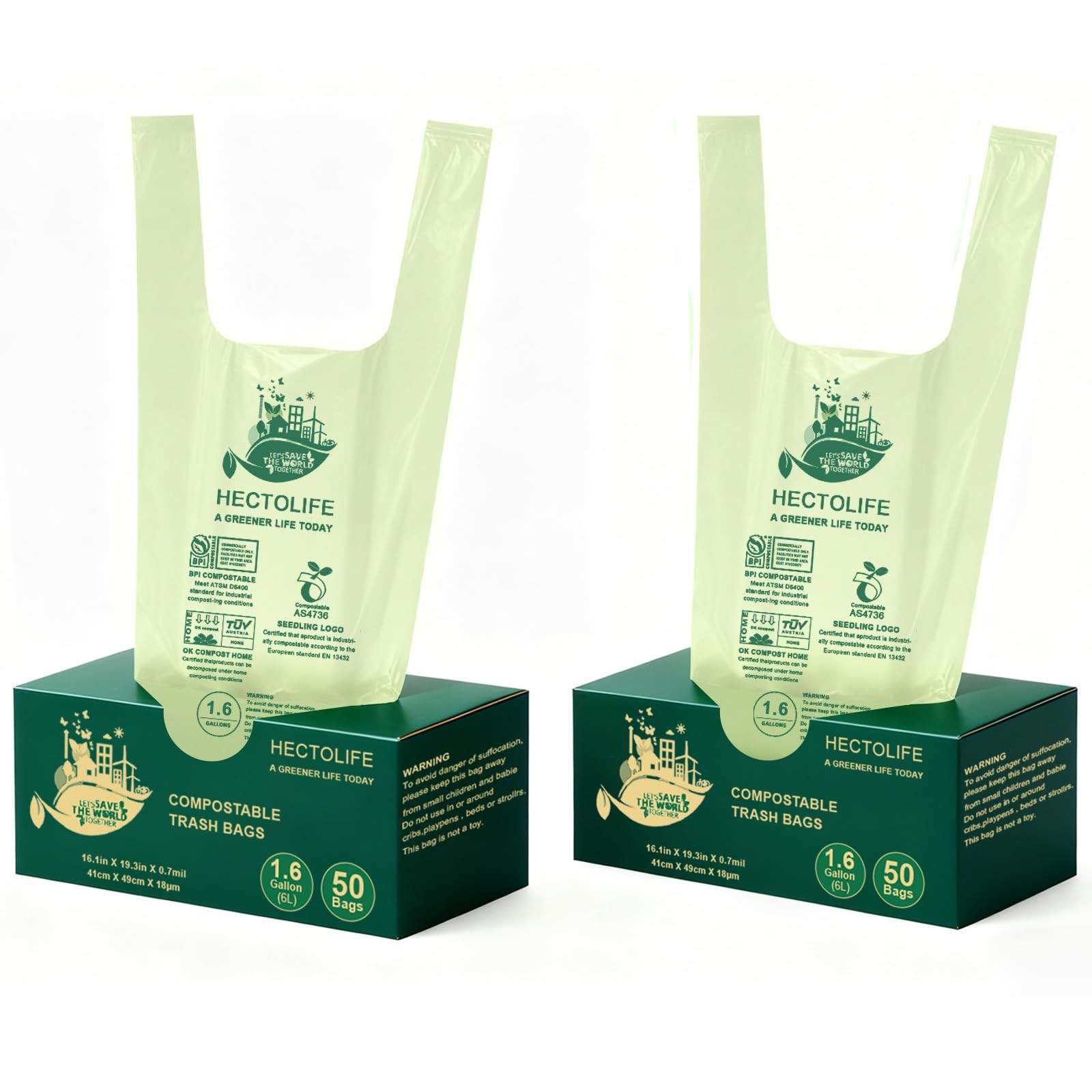 HECTOLIFE 1.6 Gallon 100 Count,Compostable Bags Handle 1 Count (Pack of 100) gallery