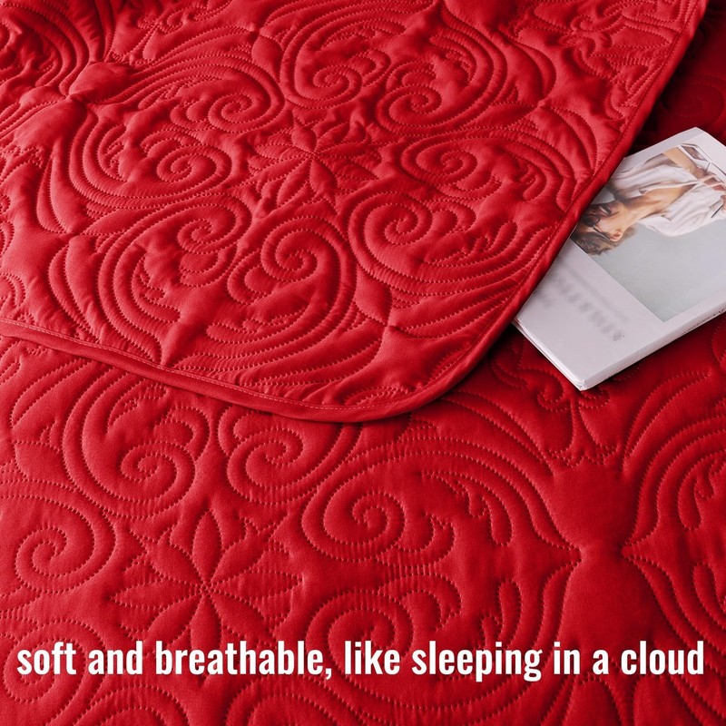 Quilts King Size Bedspread with 2 Pillow Shams, Lightweight Red King Quilt Be... gallery