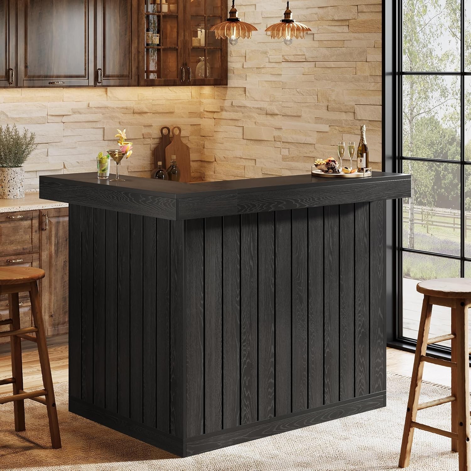 L-Shaped Home Bar Unit, 4-Tier Corner Liquor Bar Table with Storage Shelves gallery