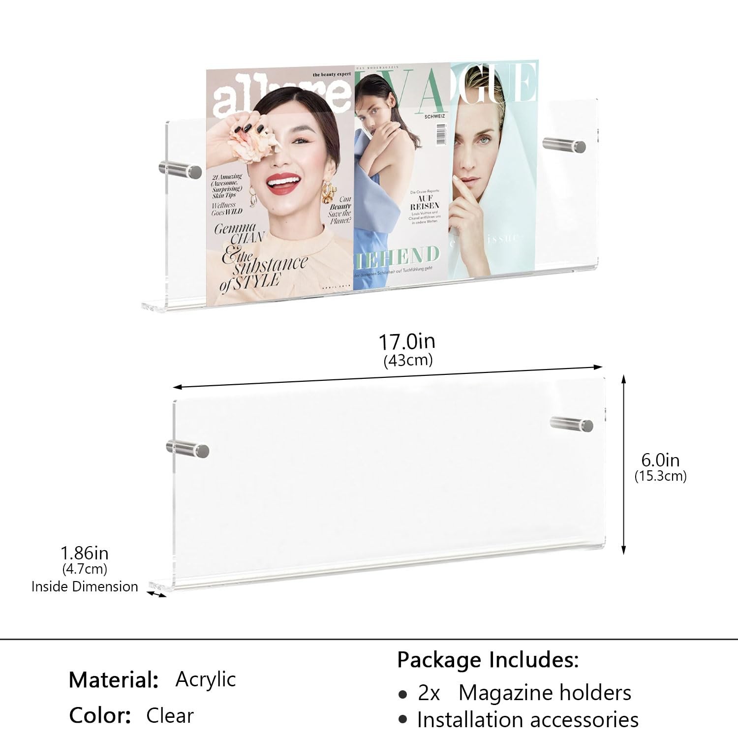 2 Pack 17 Inch Acrylic Magazine Holder Clear Wall Mounted Magazine Rack gallery