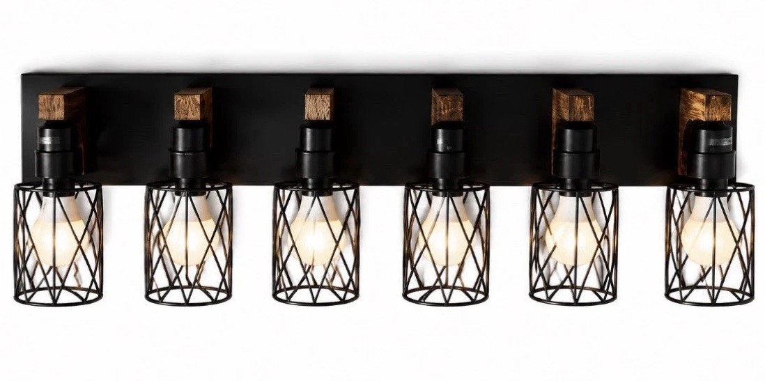 36” 6-Light Industrial Farmhouse Vanity Light Black Metal Wood Wall Fixture READ gallery