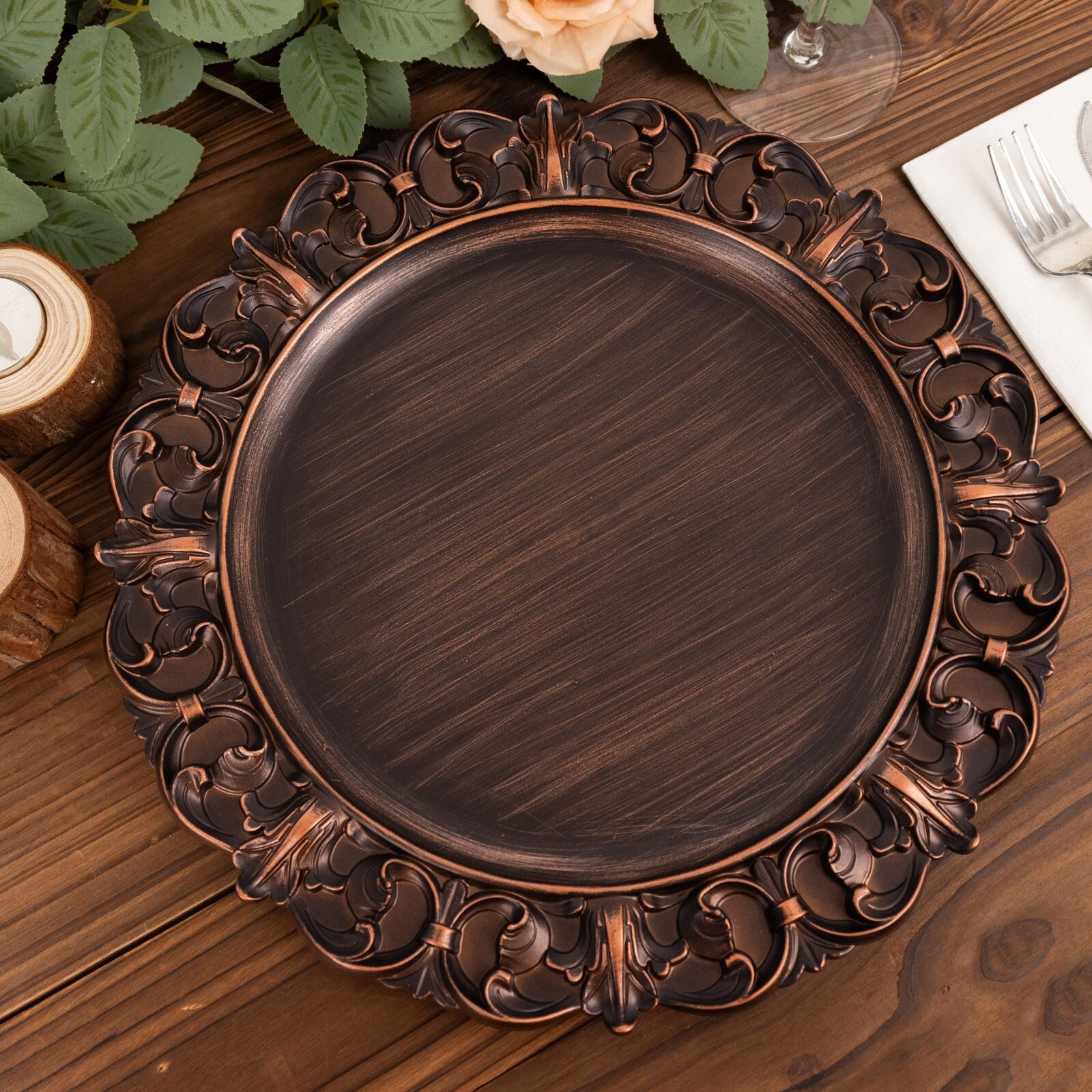 6 Dark Brown 13 in Aristocrat Style Round CHARGER PLATES Embossed Rim Events gallery