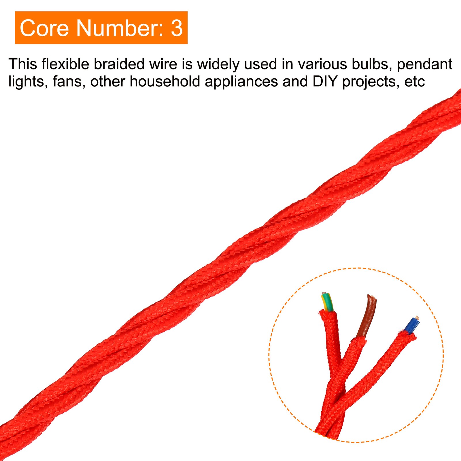 Twisted Cloth Covered Wire 3 Core 18AWG 5m/16.4ft,Electrical Cable,Red gallery