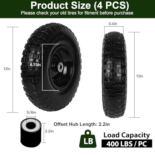 4 PCS 13 Inch Rubber Solid Flat Free Replacement Tires 13x400-6PU-bigF-4packs gallery