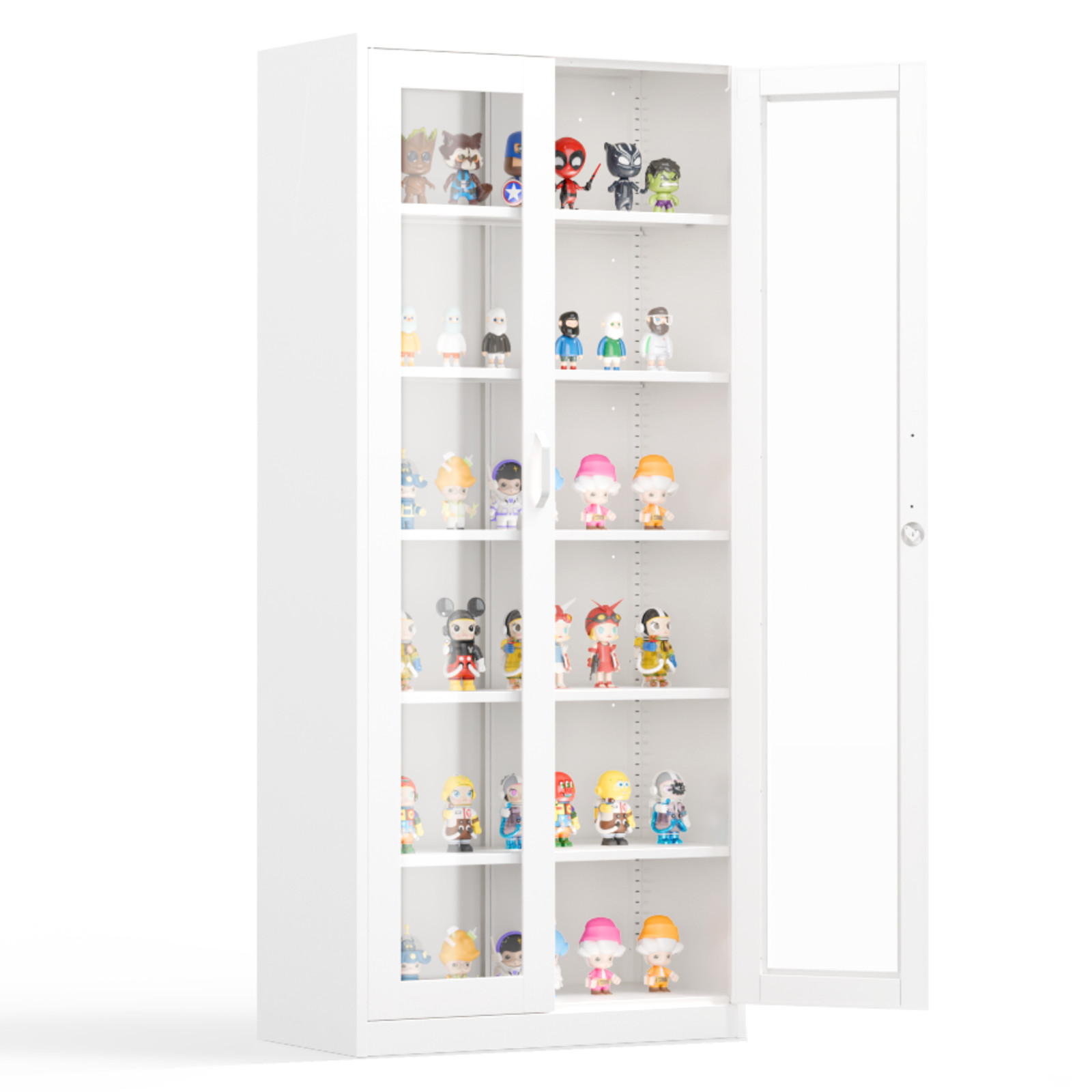 71" Tall Lockable Display Cabinet Curio Cabinet Bookshelf with Glass Doors White gallery