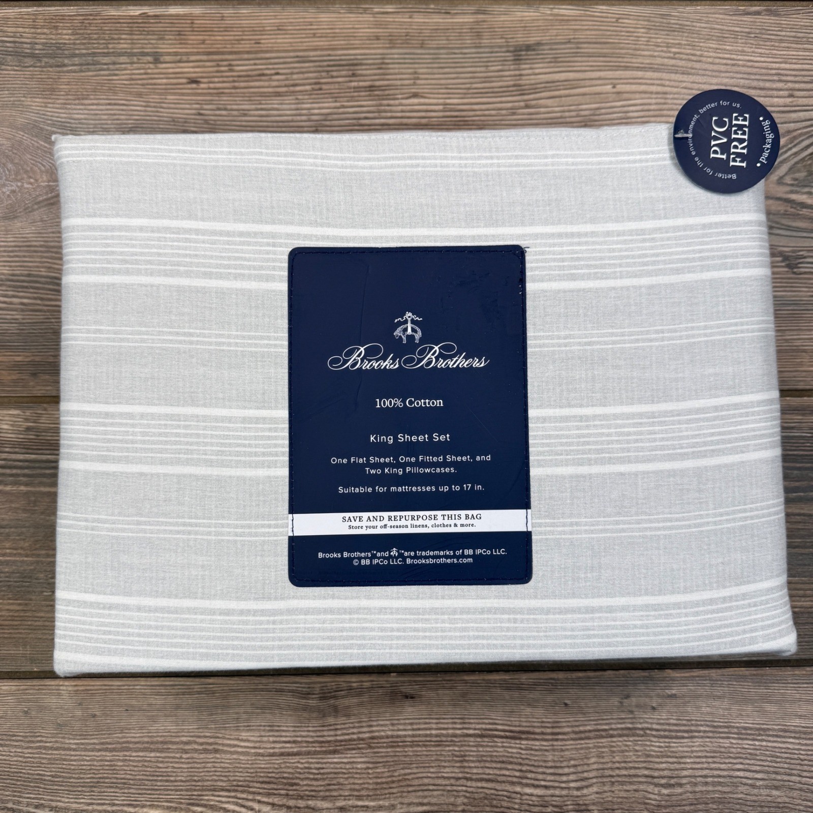 Brooks Brothers King Sheet Set Grey White Stripe 100% Cotton 4pc NEW gallery