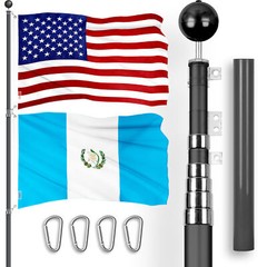 25 Ft Telescoping Flagpole Black & American and Guatemala Flags Emb 300D 3x5Ft