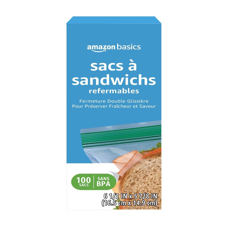 Amazon Basics Reclosable Double Zipper Sandwich 100 Count (Pack of 1), clear gallery