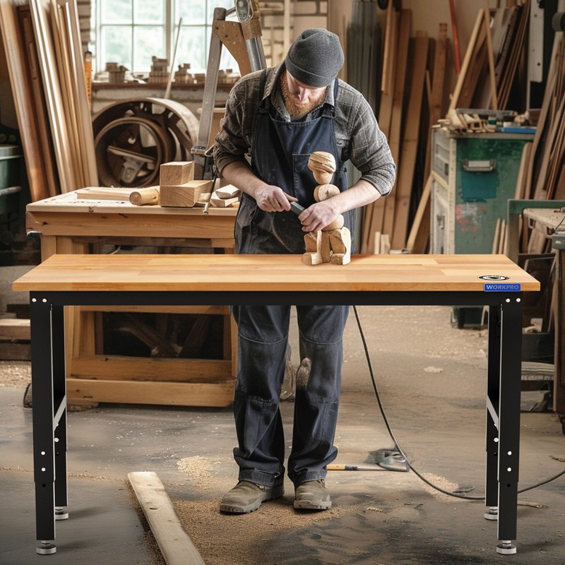 WORKPRO Adjustable Garage Workbench60x24Rubber Wood Top Heavy-Duty Power Outlets gallery