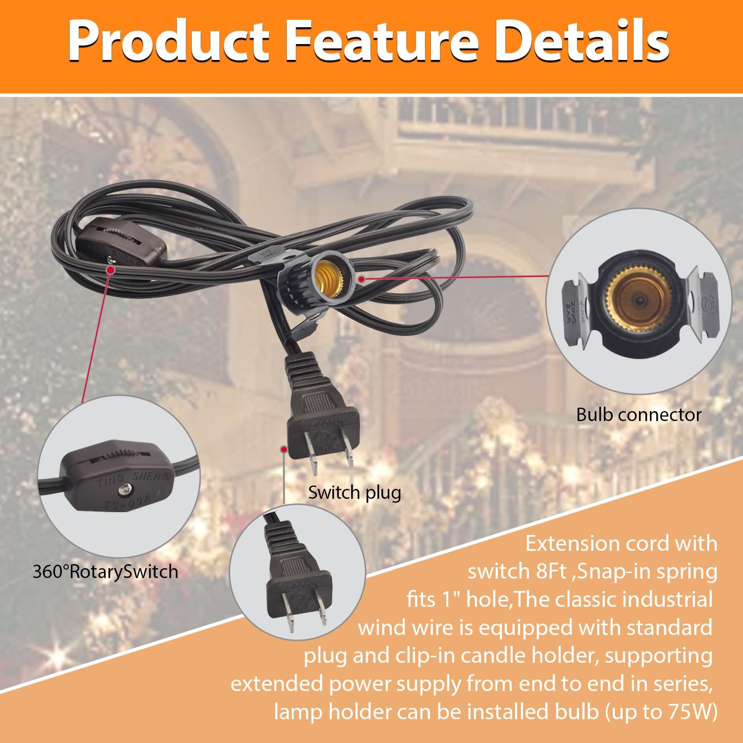 Salt Lamp Cord with E12 Light Bulb Socket Rotary Switch Plug for Brown gallery