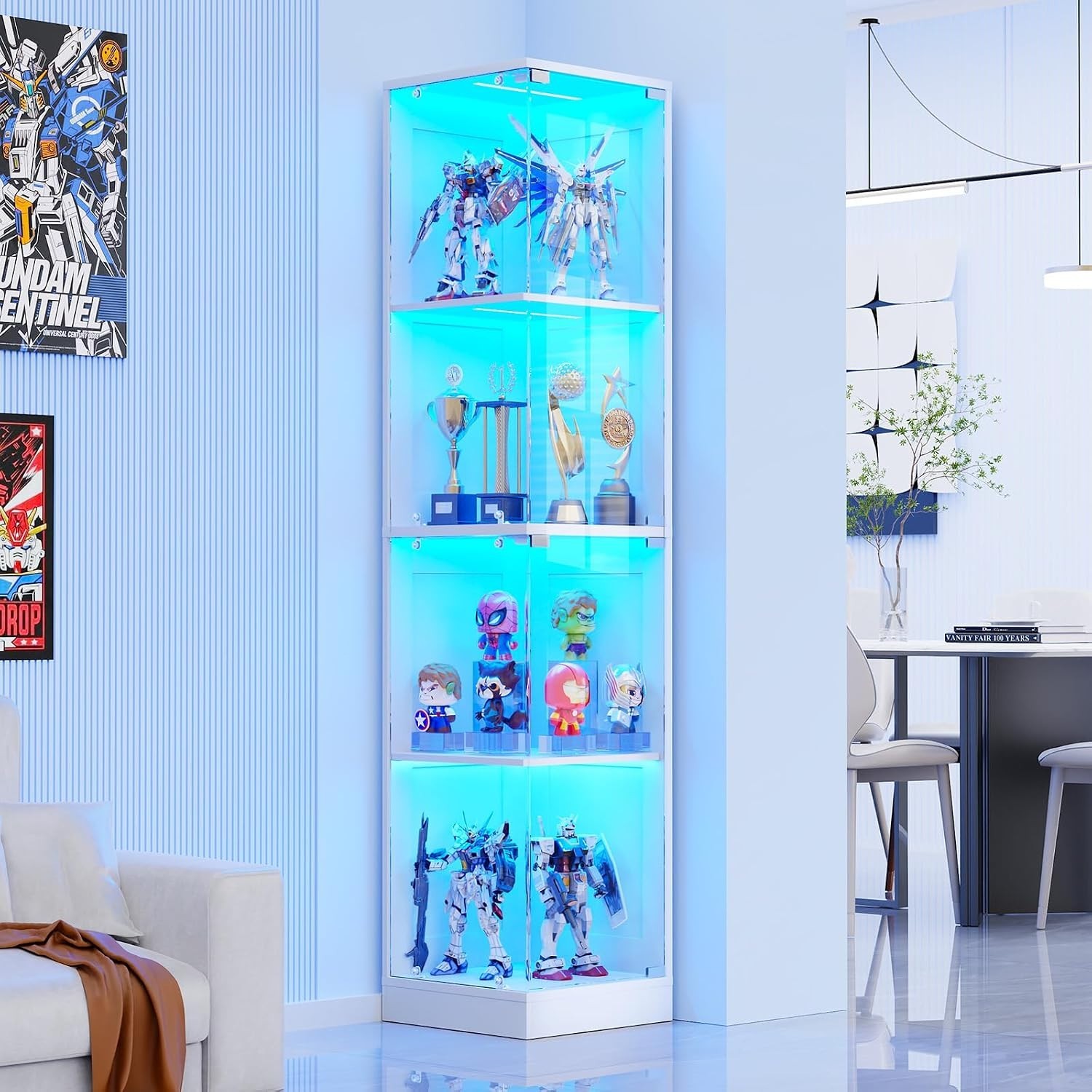 Borderless Glass Display Case with Door, 4-Tier Curio Cabinet with 3-Color Light gallery