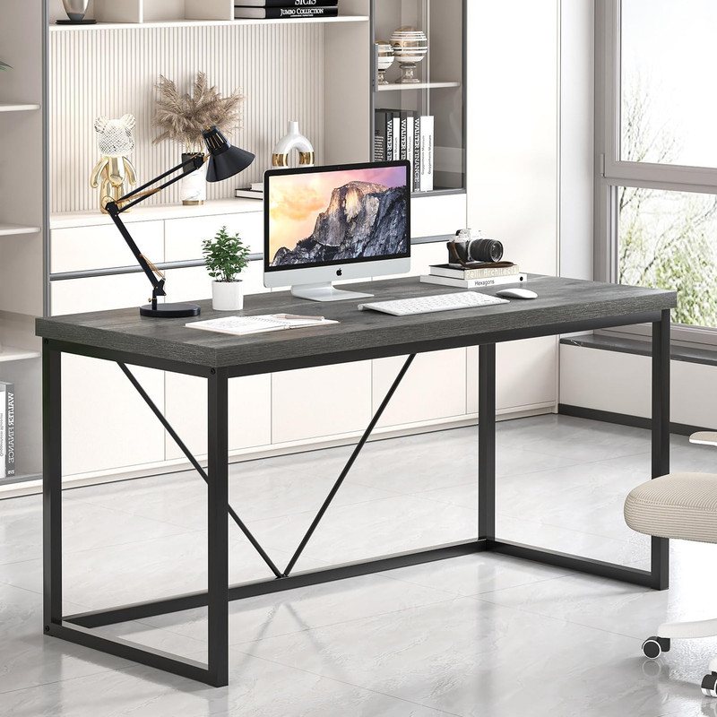 Rustic Grey 53" Modern Wood & Metal Home Office Desk for Study & Gaming gallery