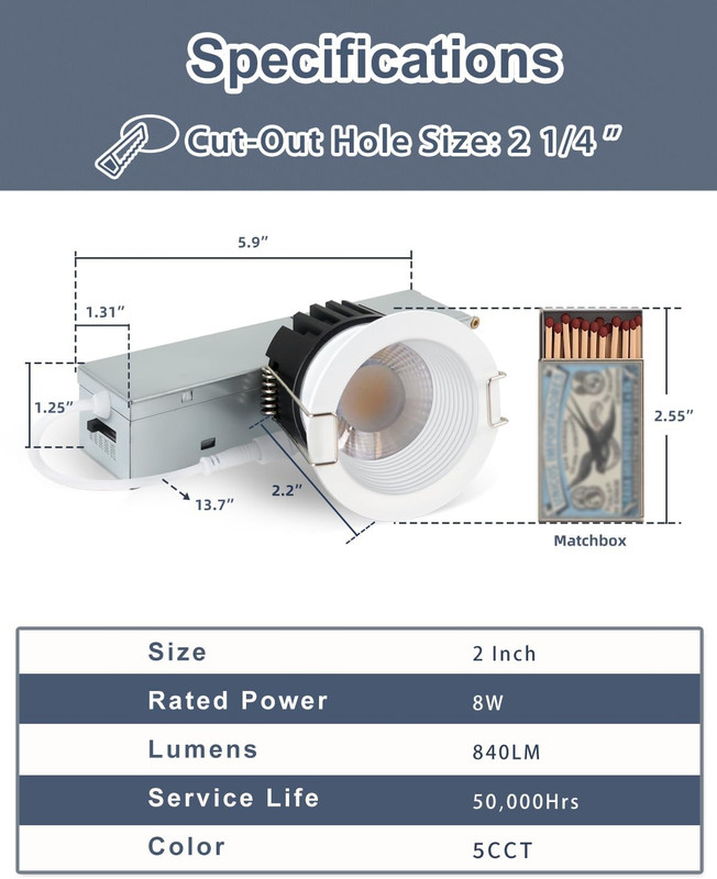 2" Dimmable LED Downlight, 5CCT, 8W, 12 Pack, IP65 Waterproof, ETL & FCC gallery