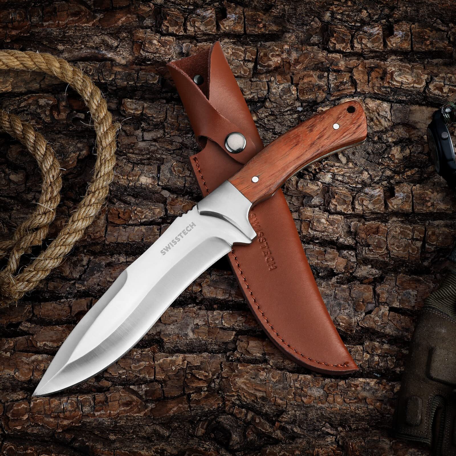 Swiss+Tech Hunting Knife with Leather Sheath 11-5/8inch Fixed Blade for Survival gallery