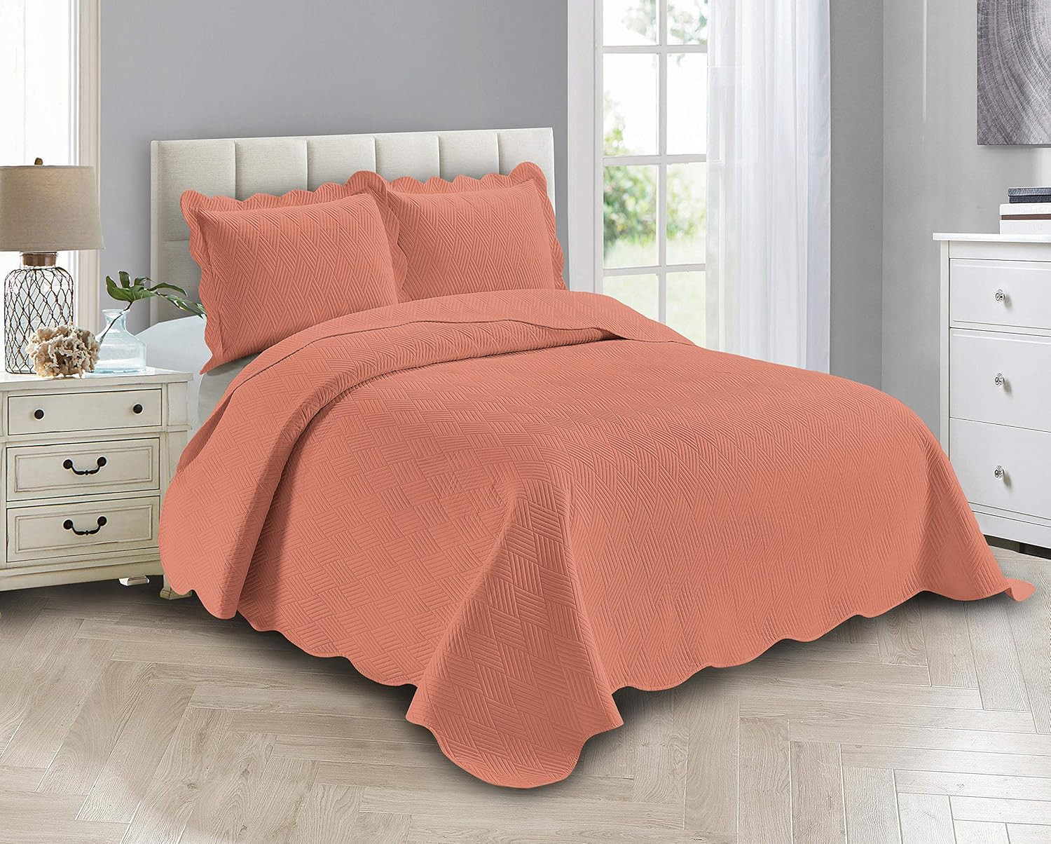 Luxury Oversized Coverlet Embossed Bedspread Set Solid Coral King/California Kin gallery