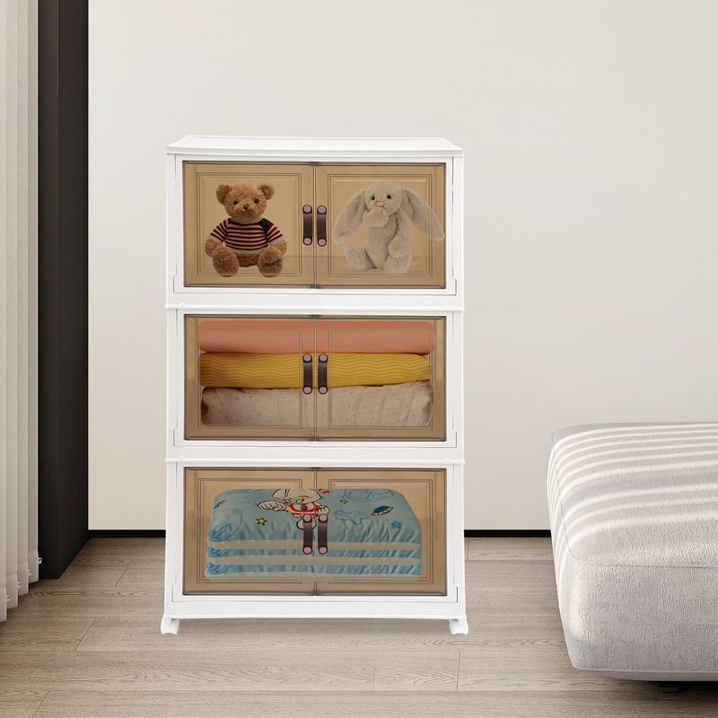 3PCS Foldable Stackable Storage Cabinets with Wheels White 25.59*16.54*43.5in US gallery