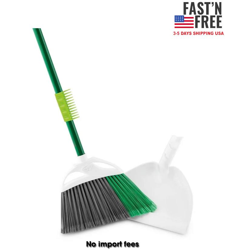 Libman Household Angle Broom and Dust Pan with Clean Fibers Comb, Green/White gallery