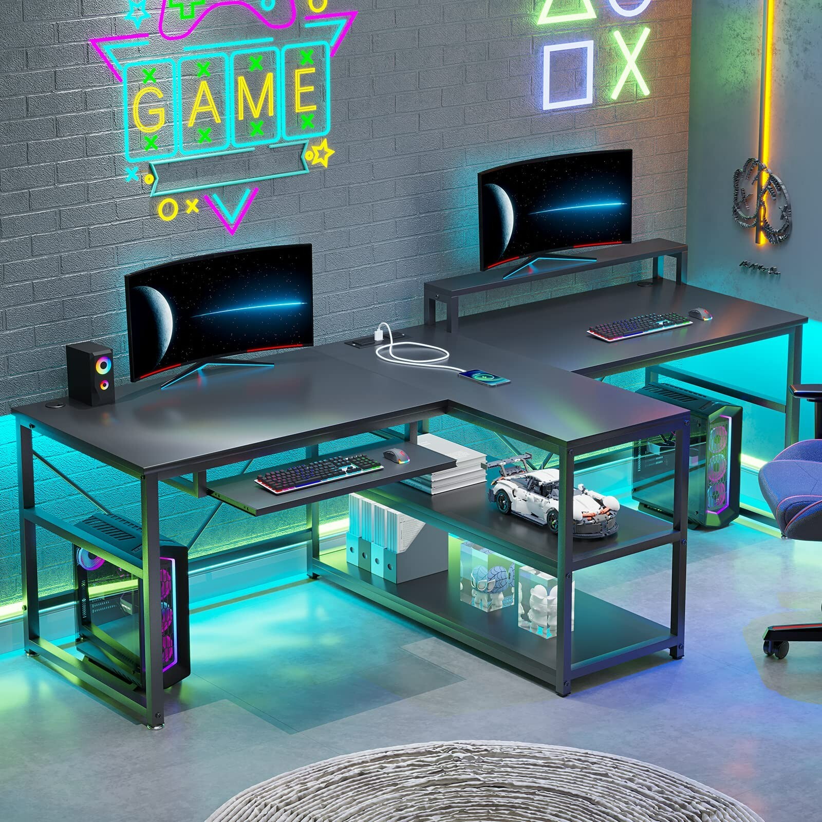 Home Office Work Table Black Computer Desk Two Person Gaming Desk with LED Light gallery