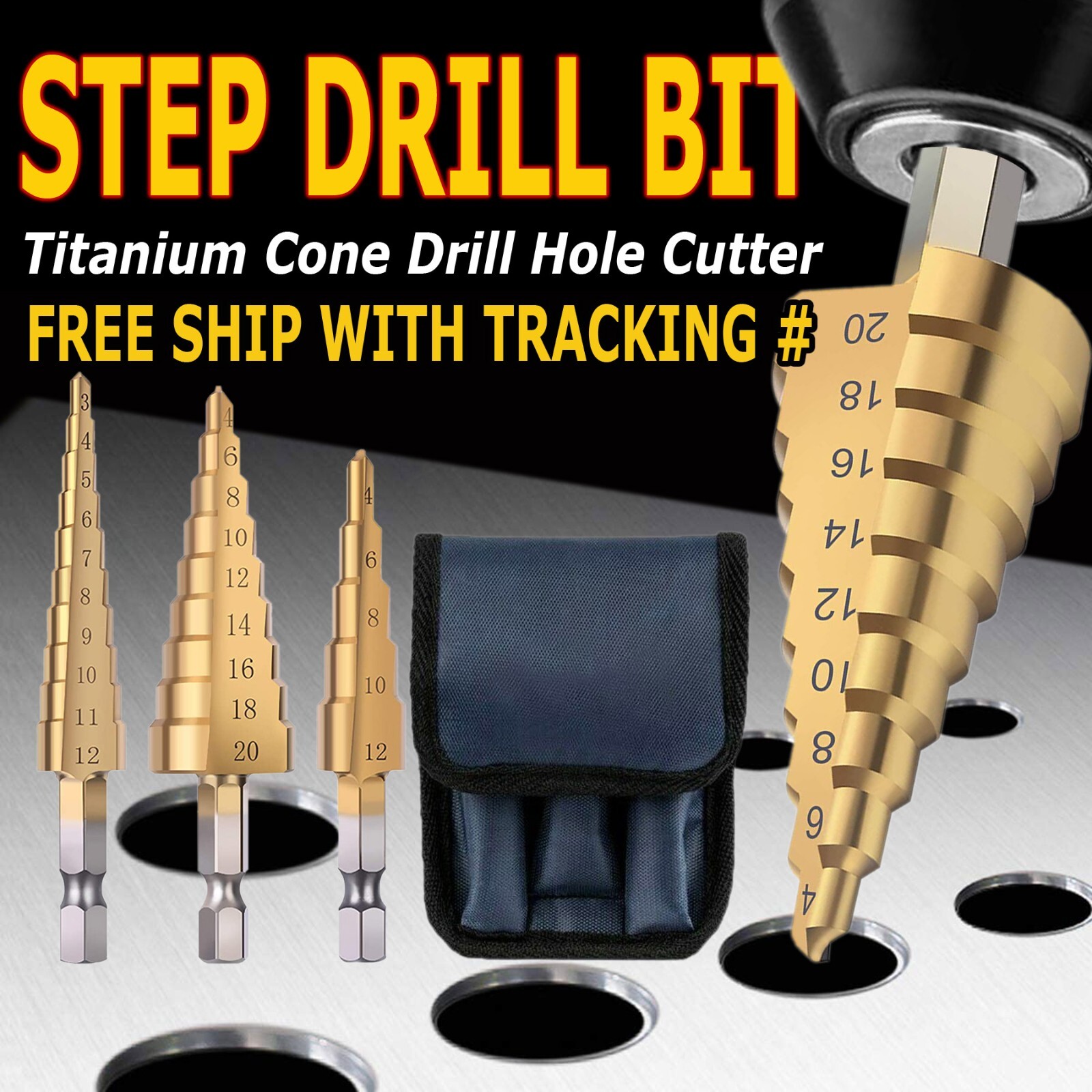 3Pcs Drill Bit Set Titanium Coated Steel Step Quick Change Unibit 1/4 Shank HSS gallery