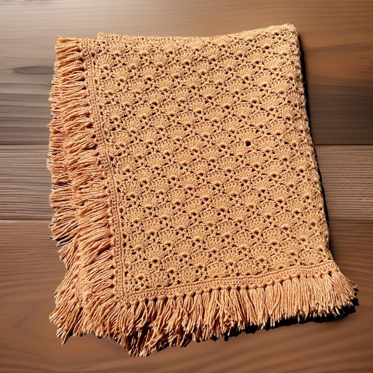 Vintage Afghan Crochet Shell Stitched Throw Blanket Warm Tan Brown Fringe 42x76” gallery