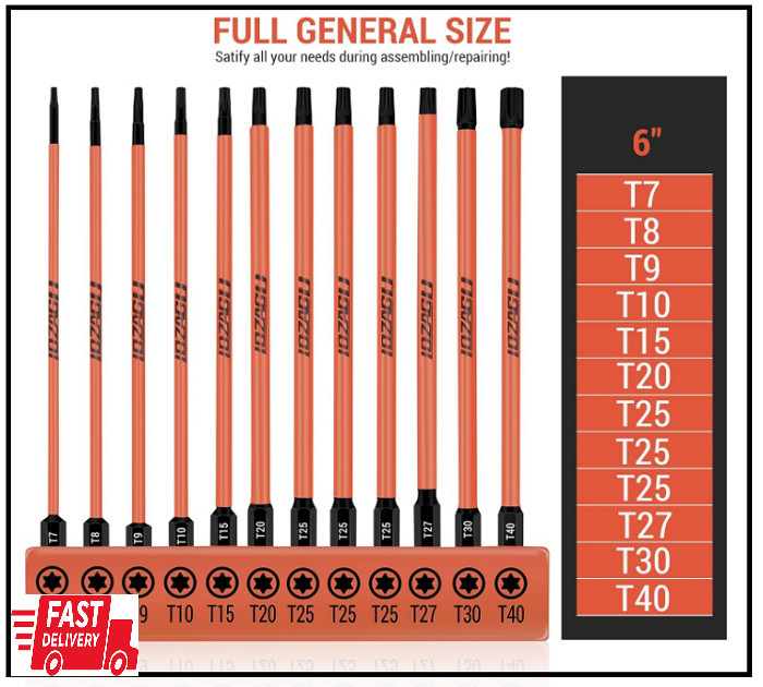 12Pcs Long Torx Bit Set 6-Inch (152mm), T7 To T40, Magnetic Security Tamper Star gallery