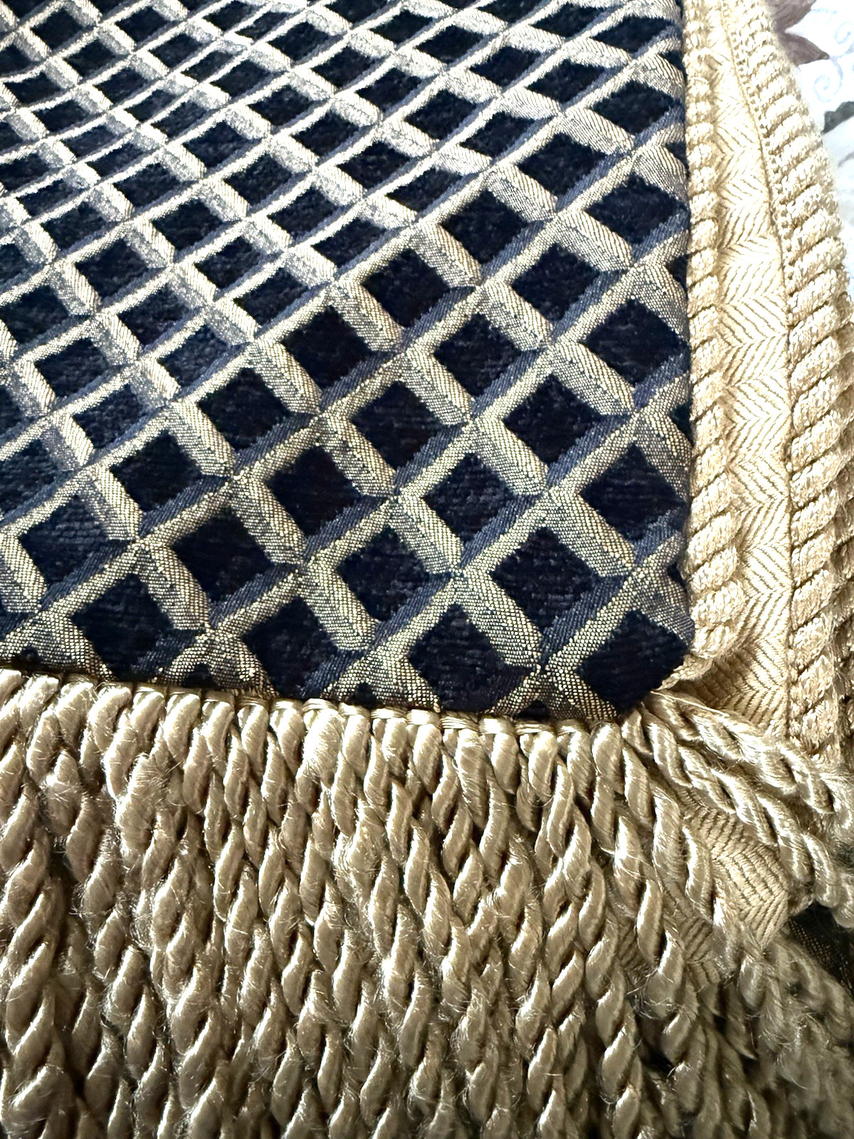 Custom Design Jacquard Trellis Black and Gold Throw Blanket Bullion Fringe Lined gallery