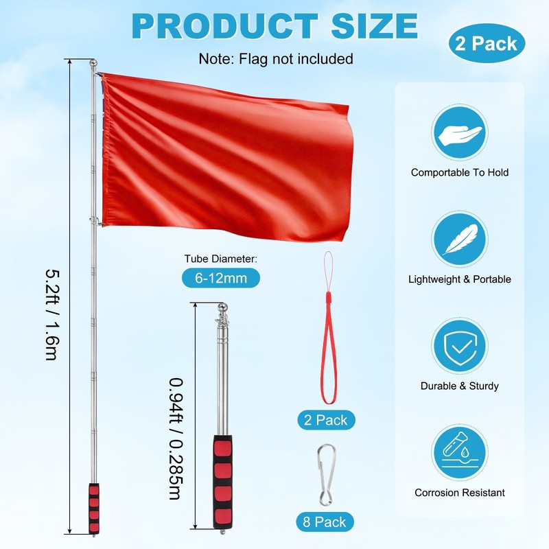 2-Pack Telescopic Handheld Flagpole, 5.2ft/1.6m Stainless Steel Pole [Red] gallery
