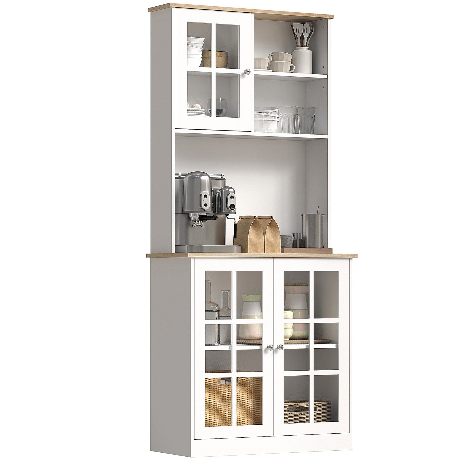 72" Kitchen Pantry Cabinet Hutch Microwave Stand Glass Doors White Oak gallery