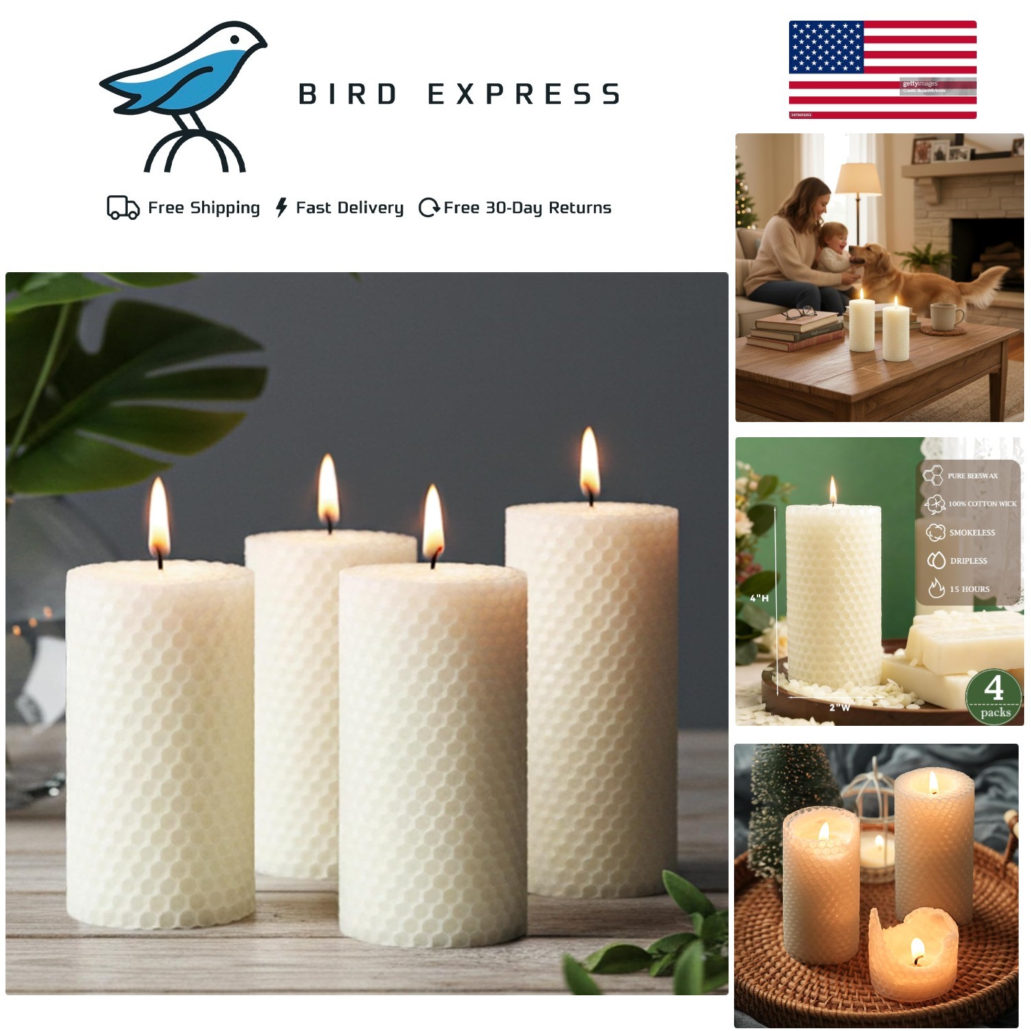 White Beeswax Candles 4 Pack Hand-Rolled Honeycomb Pillar 2x4 Inch, 15 Hour Burn gallery