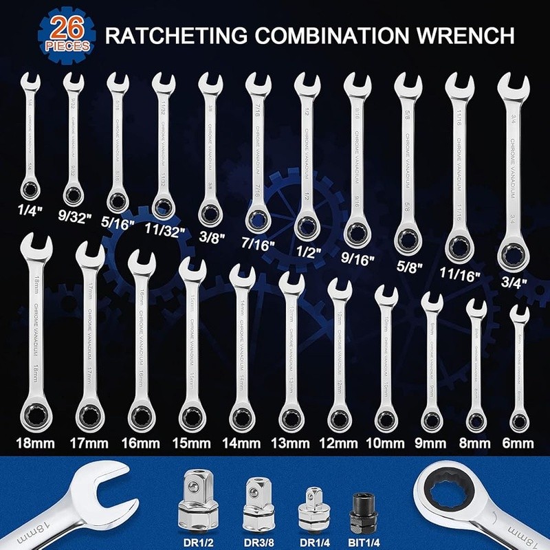 72-Tooth Ratchet Wrench Set Combination Tool SAE Metric Chrome Vanadium Steel US gallery