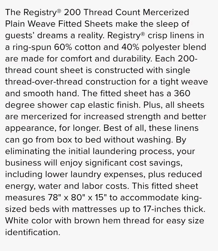 Case 6 Registry T200 Count Mercerized Plain Weave King Fitted Sheet, , 78x80x15" gallery