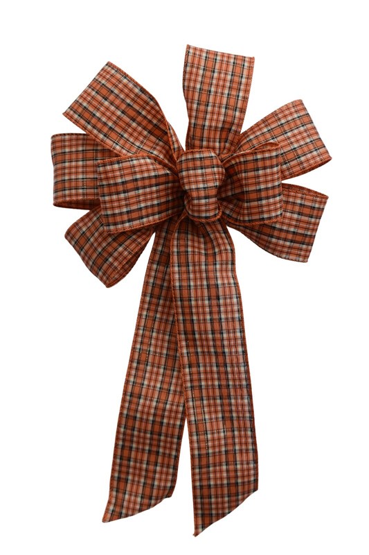 Large 10" Hand Made Bow - Wired Linen - Orange Rust Fall Plaid - Fabric Ribbon gallery