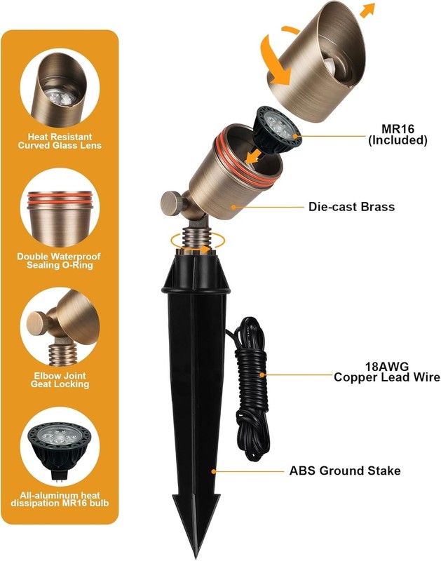 Solid Brass Low Voltage Landscape Lighting, Wired 12V LED Landscape Spotlights w gallery