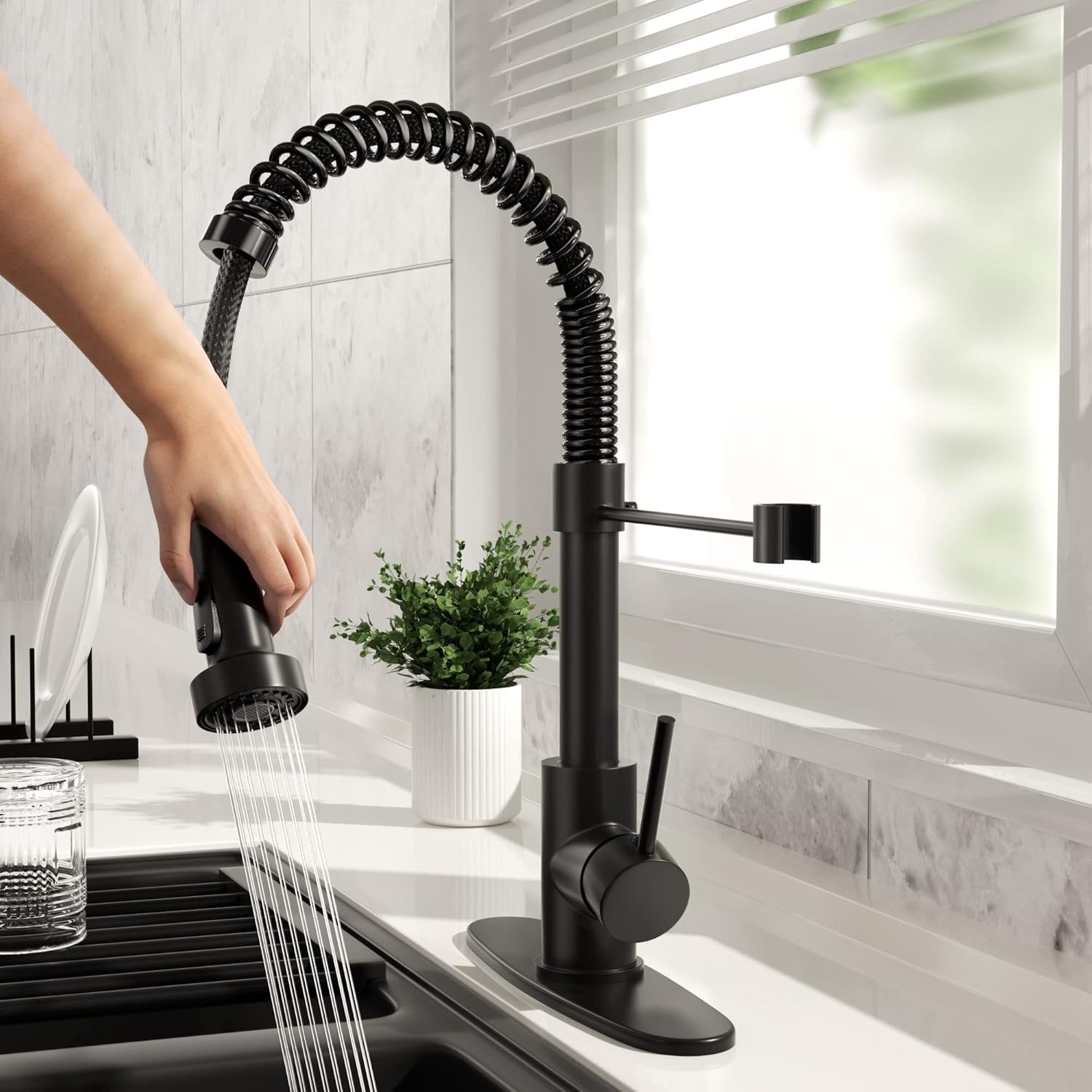 Black Kitchen Faucet with Pull down Sprayer, High Arc Spring 304 Stainless Steel gallery