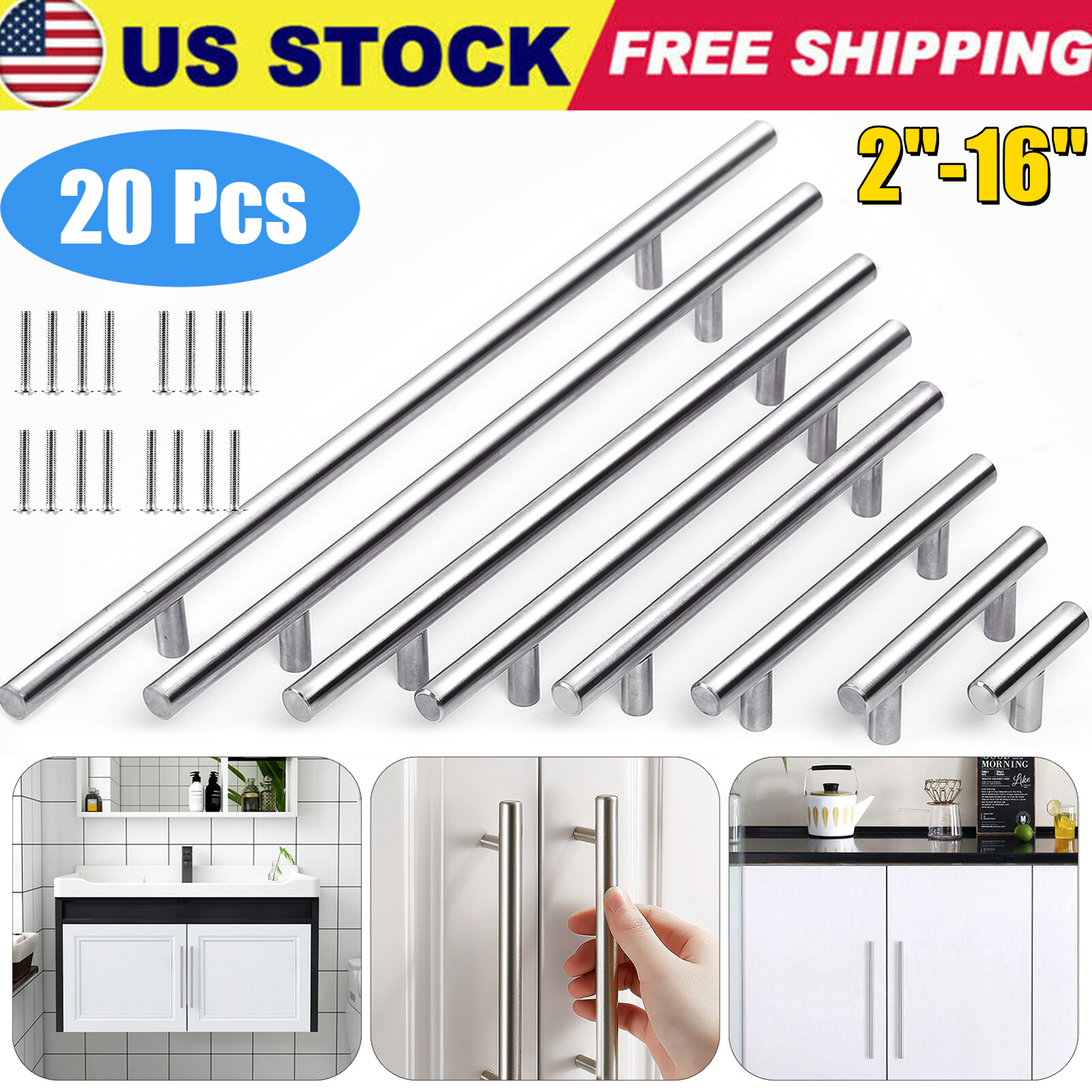 20Pack Brushed Nickel Kitchen Cabinet Pulls Stainless Steel Drawer T Bar Handles gallery