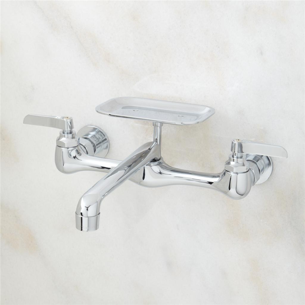 PLUMBING LEVER HANDLE WALL MOUNT FAUCET WITH SOAP DISH SOLID BRASS CHROME FINISH gallery